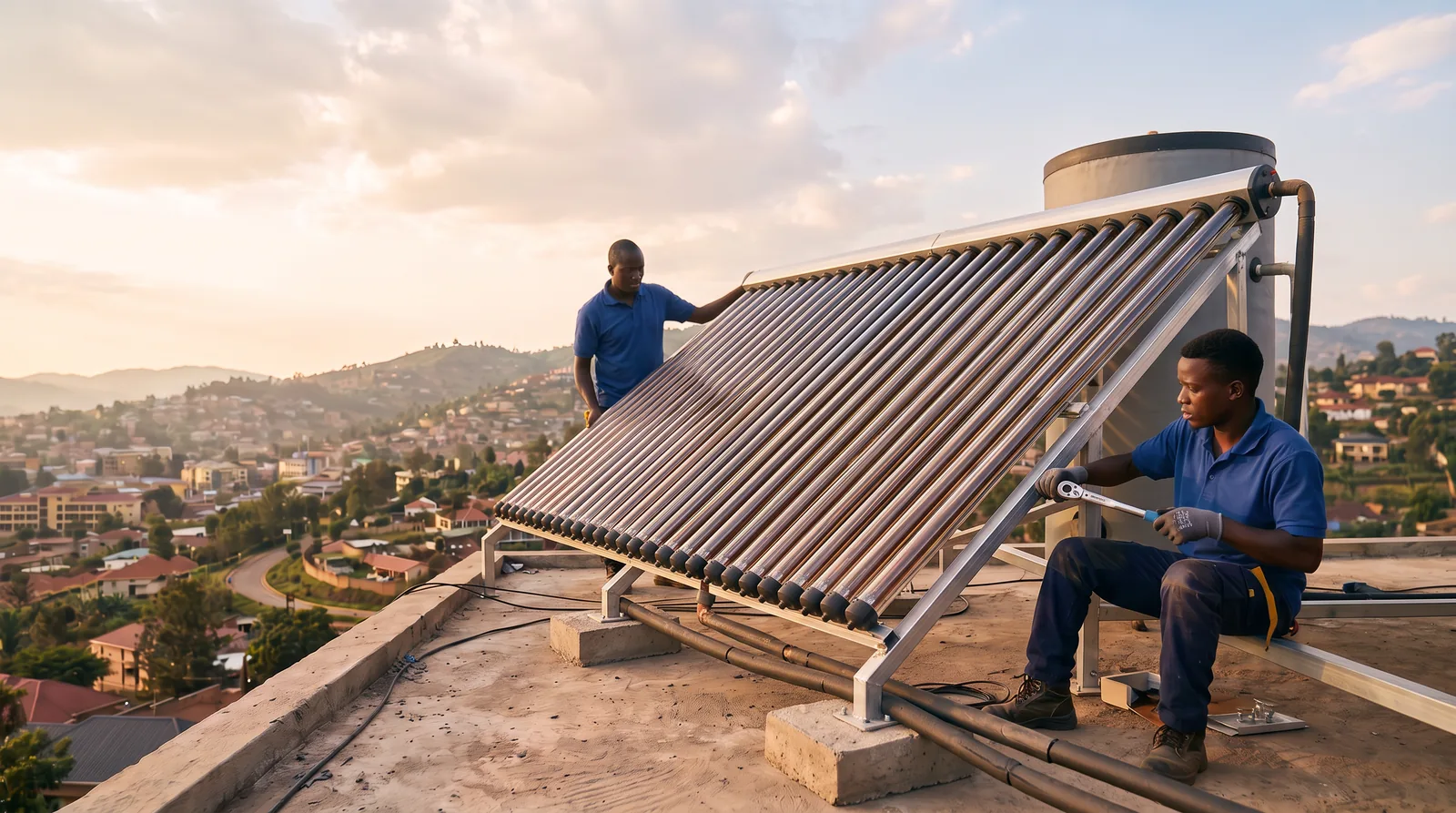 Deso Engineering technicians installing an evacuated-tube solar water heater above Kigali