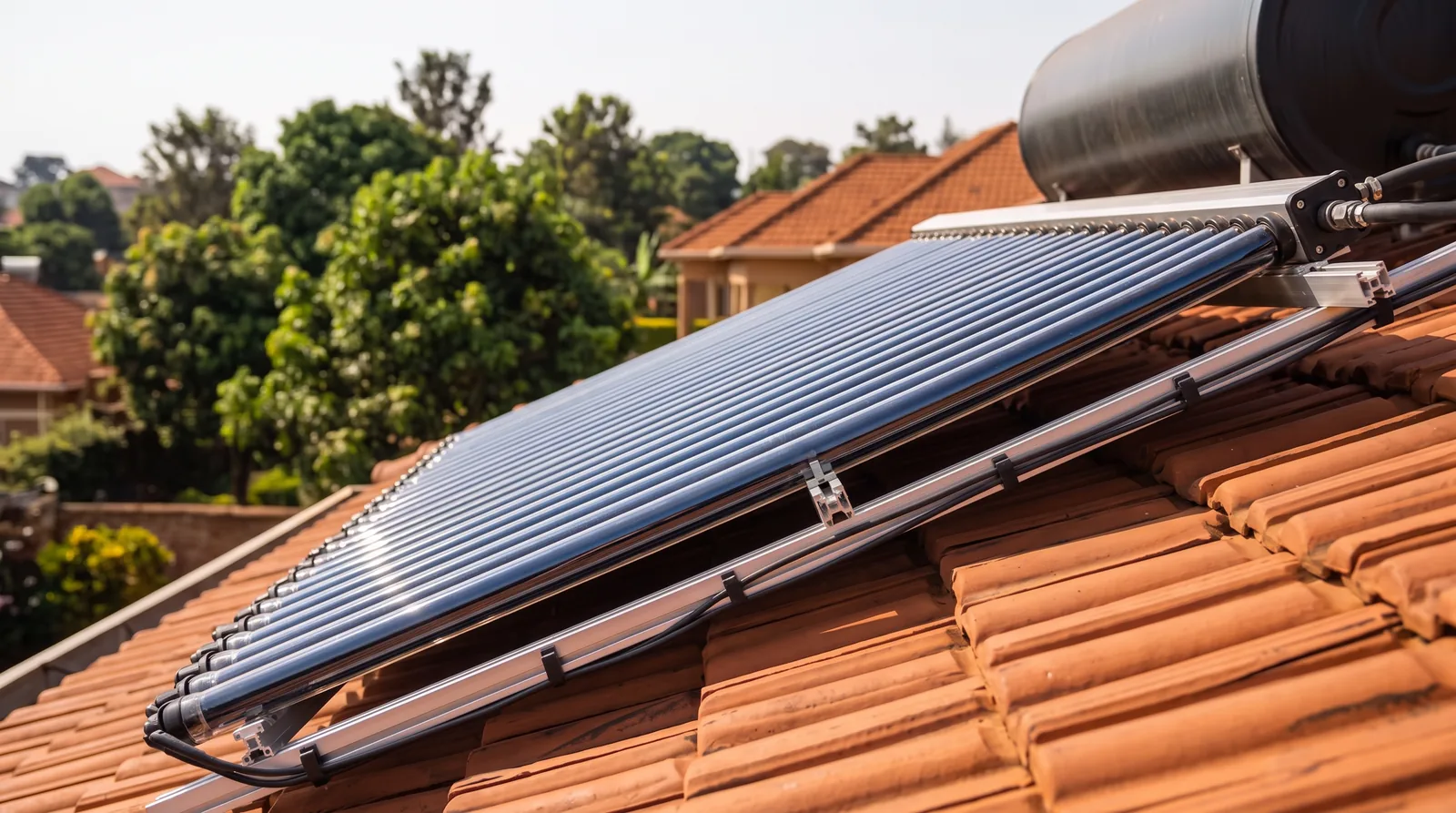 Evacuated-tube solar water heater on a tiled roof