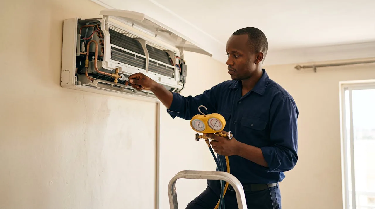 Technician servicing a wall-mounted split air conditioner