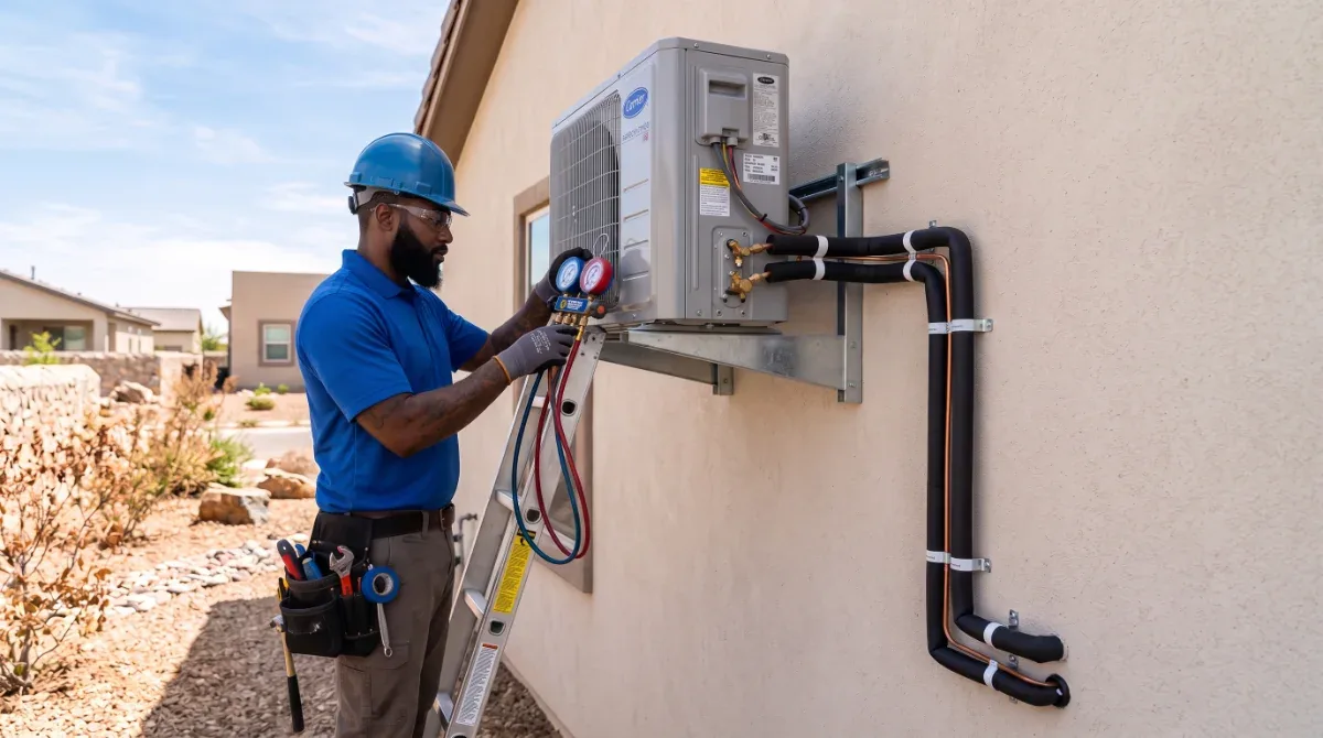 Wall-mounted AC unit being installed